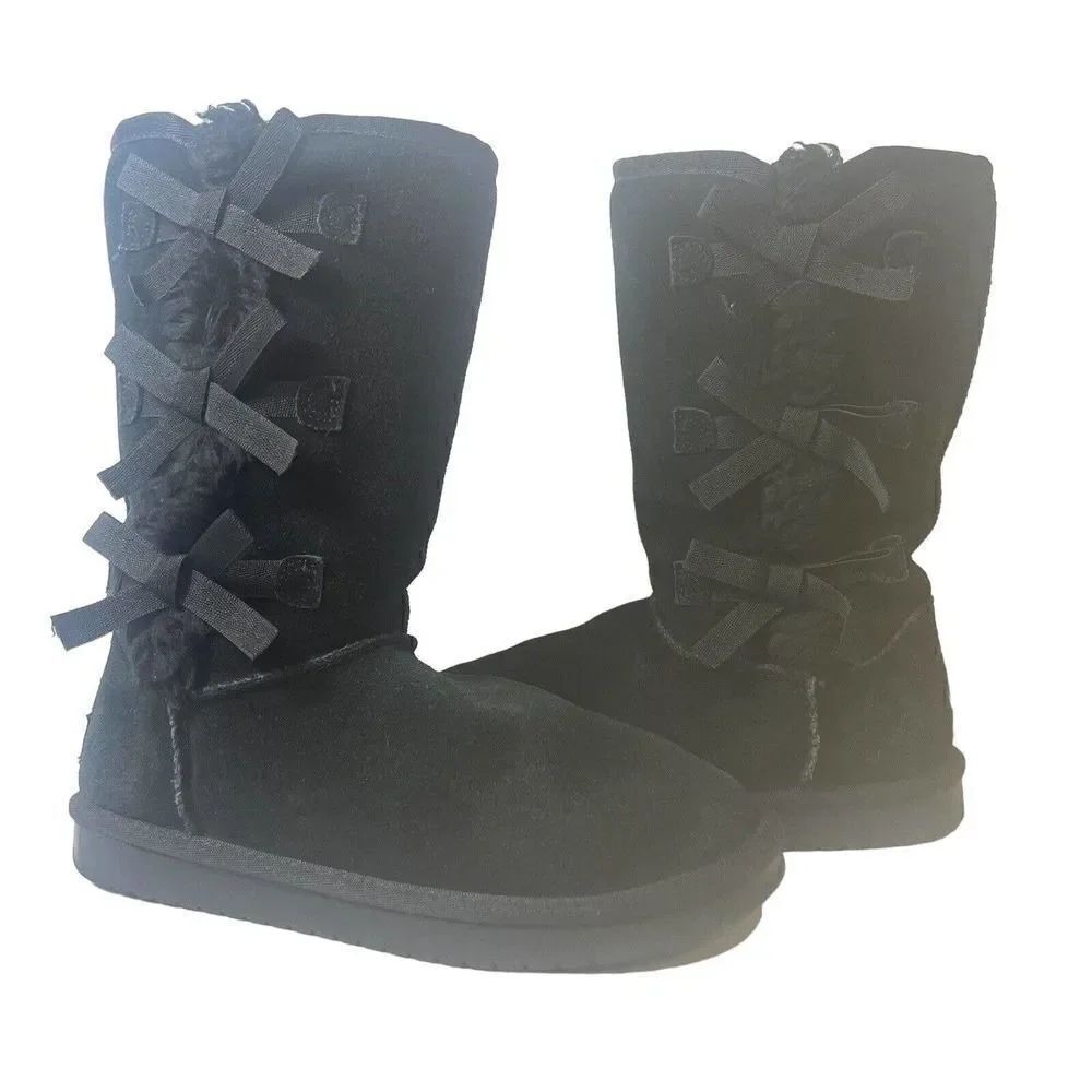 Koolaburra by UGG Women's 5 Suede Boots Black Mid Booties Pull On Sherpa Lining